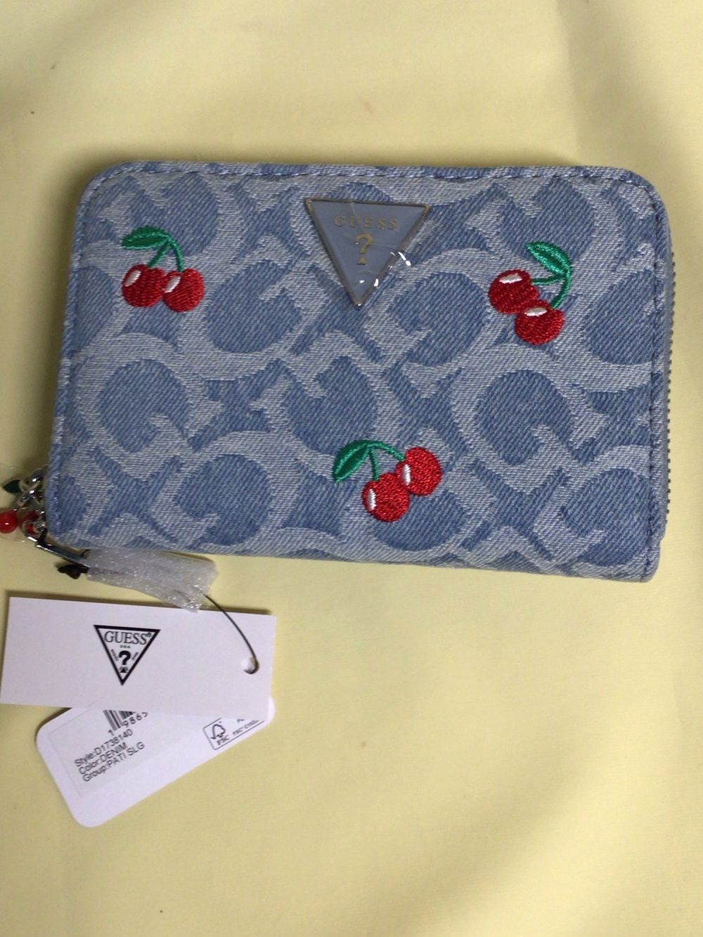 GUESS Denim Cherry Zip Around Wallet